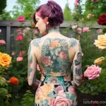 Фотография девушки с пышными волосами и татуировкой в виде цветочного сада на спине, стоящей среди роз.