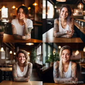 Коллаж из четырех фотографий улыбающихся девушек с татуировками на руках, сидящих в кафе.