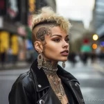 Фото тату на шее и плече девушки с выбритыми висками и яркой прической на фоне городской улицы. Идеи для татуировок в стиле графика и blackwork.