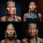 Коллаж из четырех фотографий пожилых и молодых женщин с традиционными татуировками на лице и теле. Татуировки выполнены в темных тонах и имеют геометрический характер.
