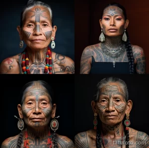 Коллаж из четырех фотографий пожилых и молодых женщин с традиционными татуировками на лице и теле. Татуировки выполнены в темных тонах и имеют геометрический характер.
