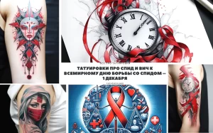 Фото тату: коллаж из татуировок, посвященных теме СПИДа и ВИЧ, красная лента, символы борьбы и памяти.