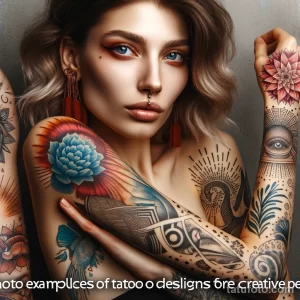 Фотография девушки с множеством разноцветных татуировок на руках и плечах, демонстрирующая креативный и смелый подход к боди-арту.