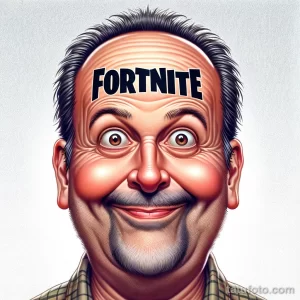 Карикатурное изображение мужчины с татуировкой 'FORTNITE' на лбу. Мужчина выглядит удивленным и немного испуганным.