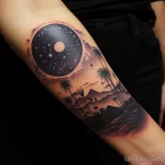 Фото тату с изображением ночного неба, луны, пальм и гор в стиле blackwork на руке. Контрастный рисунок с использованием только черного цвета.