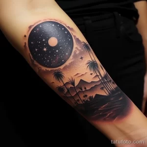 Фото тату с изображением ночного неба, луны, пальм и гор в стиле blackwork на руке. Контрастный рисунок с использованием только черного цвета.