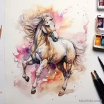 Фото тату белой лошади, скачущей в галопе, выполненное в акварельной технике с использованием ярких розовых и фиолетовых оттенков.
