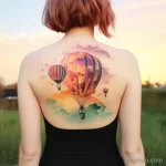 Фото тату: красочная татуировка с воздушными шарами на спине, реалистичное изображение неба и облаков, яркие цвета и детализация.