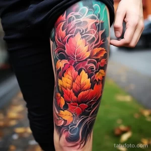 Фото тату с изображением каскада кленовых листьев различных оттенков на бедре, выполненное в реалистичной технике.