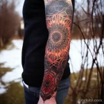 Фото тату: сложная мандала в стиле dotwork на руке. Красные и черные узоры создают завораживающий эффект.