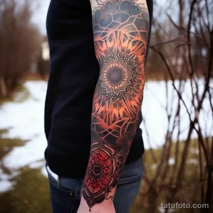 Фото тату: сложная мандала в стиле dotwork на руке. Красные и черные узоры создают завораживающий эффект.