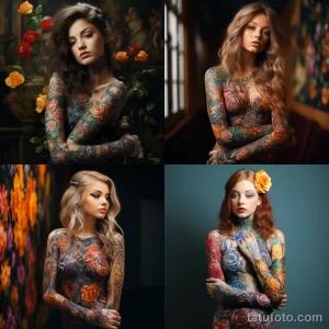 Коллаж из четырех фотографий девушек с полным боди-артом в виде ярких цветов и листьев. Татуировки покрывают все тело, создавая эффект цветущего сада.