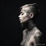 Фото тату на шее и лице с сочетанием этнических узоров и геометрических фигур в черном цвете. Смелый и оригинальный дизайн.