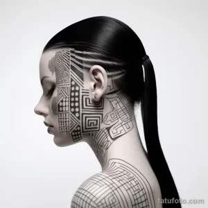 Фотография женщины в профиль с геометрической татуировкой на лице, шее и плече. Татуировка выполнена в черном цвете.
