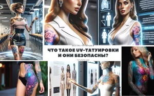 Фото тату: коллаж с изображениями девушки с UV-татуировками, а также схемами и иллюстрациями, объясняющими принцип работы UV-татуировок.