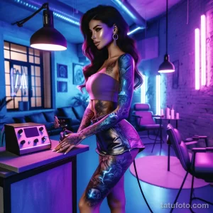 Фото тату: девушка с UV-татуировками на руках и теле, работающая в тату-салоне.