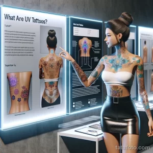 Фото тату: девушка в черном топе с UV-татуировками на теле, демонстрирующая их в темноте под ультрафиолетовым светом.