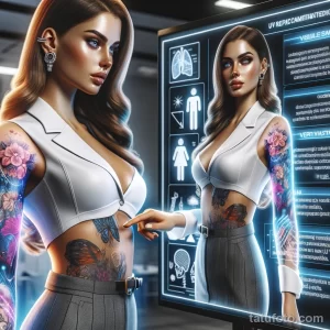 Фото тату: девушка с UV-татуировками на руке и шее, демонстрирующая их на фоне футуристического интерьера.