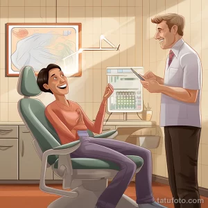 Иллюстрация тату, изображающая стоматолога, показывающего рентгеновский снимок пациенту в стоматологическом кабинете.