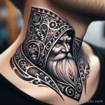 уник тату фото 8 An elegant tattoo of Ded Moroz on a person's neck, with a focus on his ornate cloak 13.11.2023 tatufoto.com 08