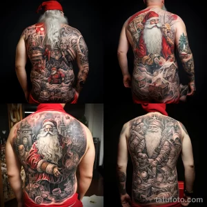 уник тату фото Large detailed tattoo of Santa Claus on the back, depicting him in full height with a bag of gifts 2 13.11.2023 tatufoto.com 15