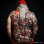 уник тату фото Large detailed tattoo of Santa Claus on the back, depicting him in full height with a bag of gifts 2_1 13.11.2023 tatufoto.com 16