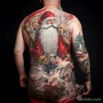 уник тату фото Large detailed tattoo of Santa Claus on the back, depicting him in full height with a bag of gifts 2_2 13.11.2023 tatufoto.com 17