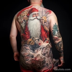уник тату фото Large detailed tattoo of Santa Claus on the back, depicting him in full height with a bag of gifts 2_2 13.11.2023 tatufoto.com 17