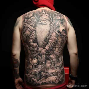 уник тату фото Large detailed tattoo of Santa Claus on the back, depicting him in full height with a bag of gifts 2_4 13.11.2023 tatufoto.com 19
