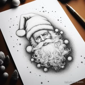 Фото эскиза тату Деда Мороза, выполненного в технике pointillism с добавлением снежинок и звезд, создающих волшебную атмосферу.