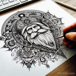 эскиз тату DALL·E 2023-11-13 13.40.33 - A traditional Russian pattern tattoo sketch of Ded Moroz on a white sheet 13.11.2023 tatufoto.com