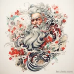 эскиз тату Santa Claus depicted in the style of a traditional Japanese tattoo, with elements of nature and classical patterns 5_3 13.11.2023 tatufoto.com