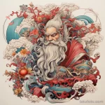эскиз тату Santa Claus depicted in the style of a traditional Japanese tattoo, with elements of nature and classical patterns 5_4 13.11.2023 tatufoto.com