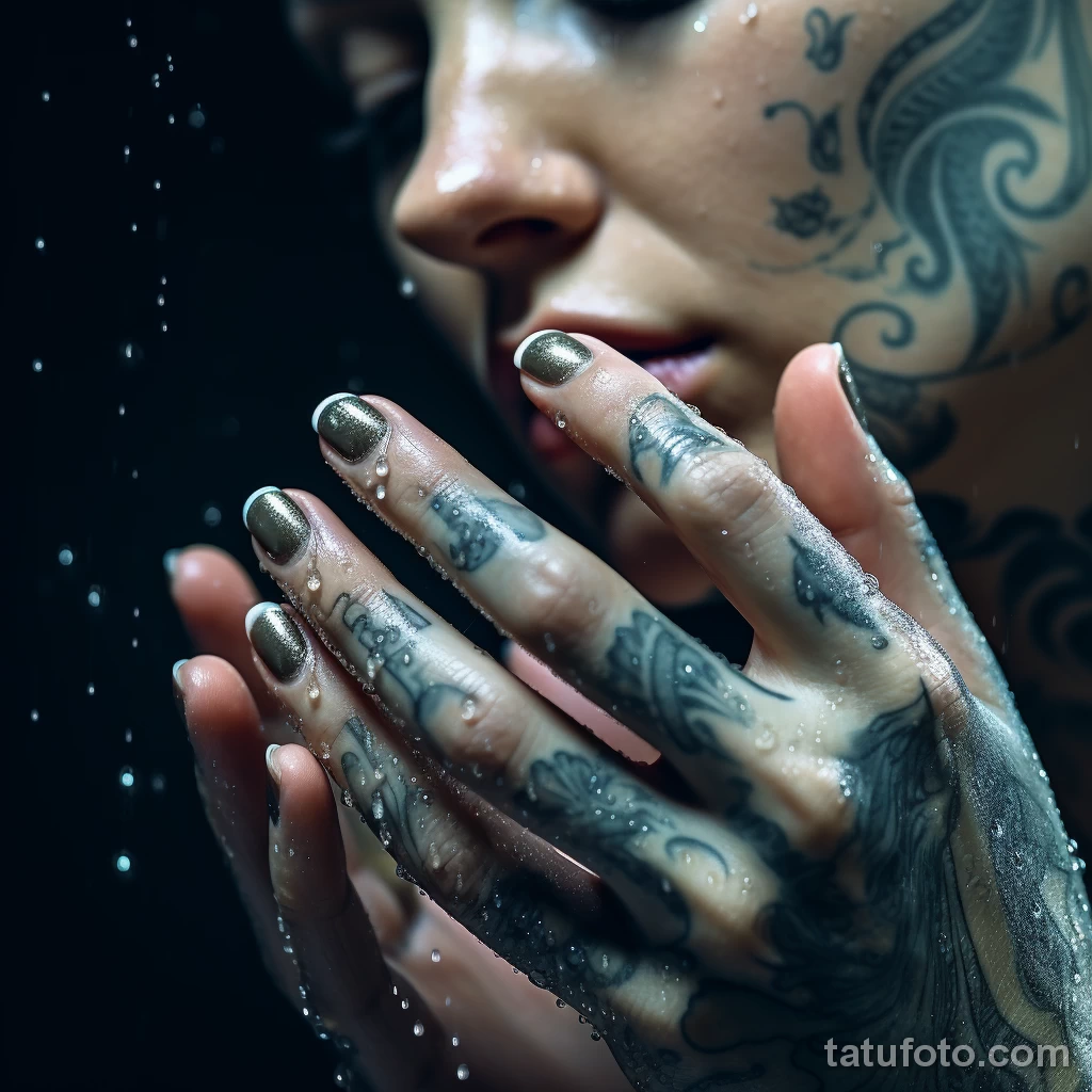A close up of a tattooed womans hand gently touching dde aa aee ff 171223 tatufoto.com 009
