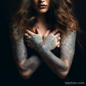 Фотография девушки с длинными волосами и ярким макияжем, демонстрирующей татуировки на руках и предплечьях.