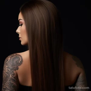 Фотография девушки в профиль, демонстрирующая красивую татуировку на плече и верхней части руки.