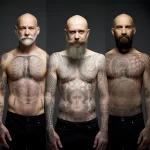Фотографии трех мужчин с обширными татуировками на теле, демонстрирующие разнообразие стилей и рисунков.