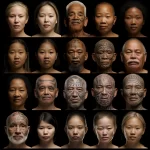 Коллаж из фотографий лиц разных национальностей с традиционными татуировками, демонстрирующий разнообразие этнических узоров.