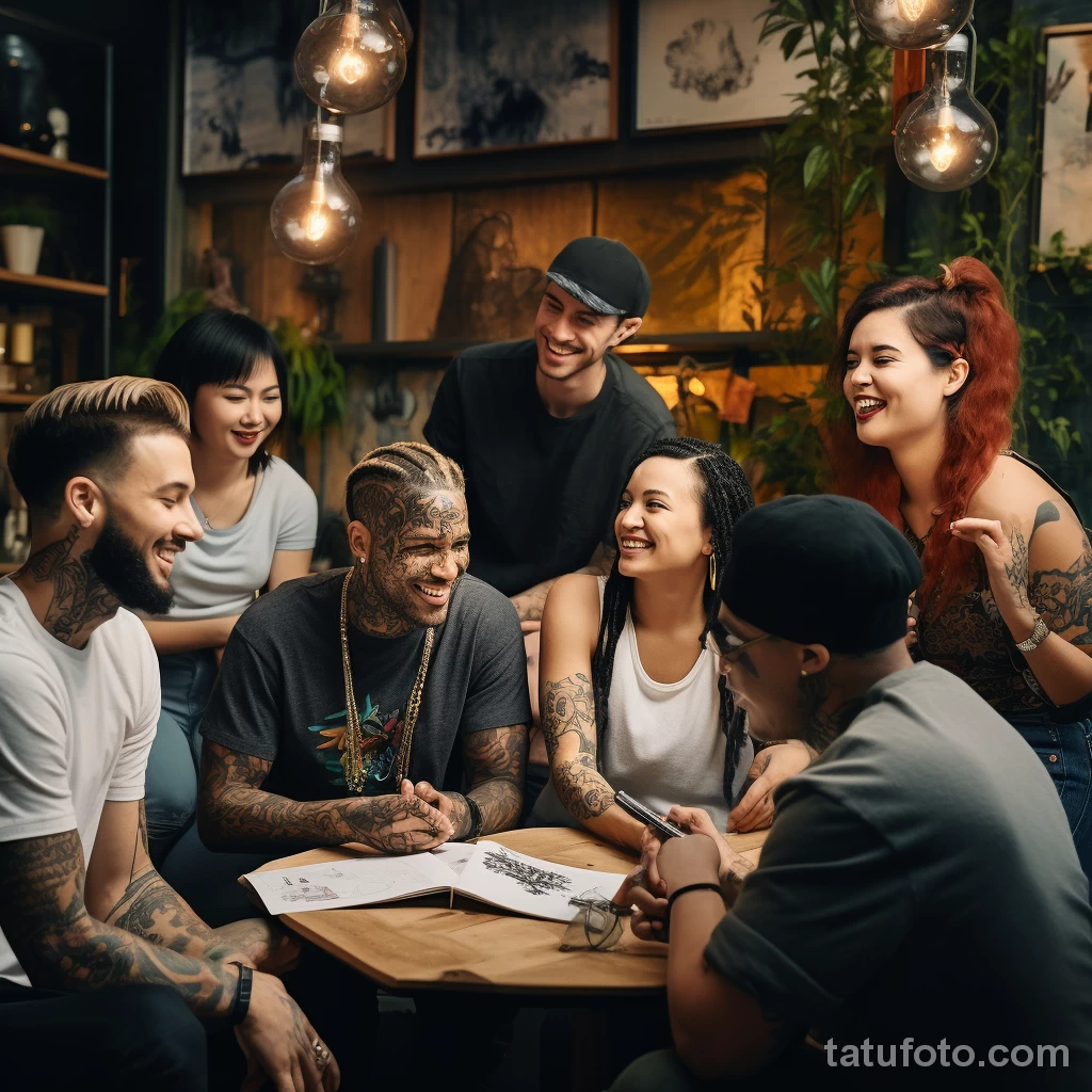 A group of diverse people with tattoos discussing an defd e cf d bafed 161223 tatufoto.com 015