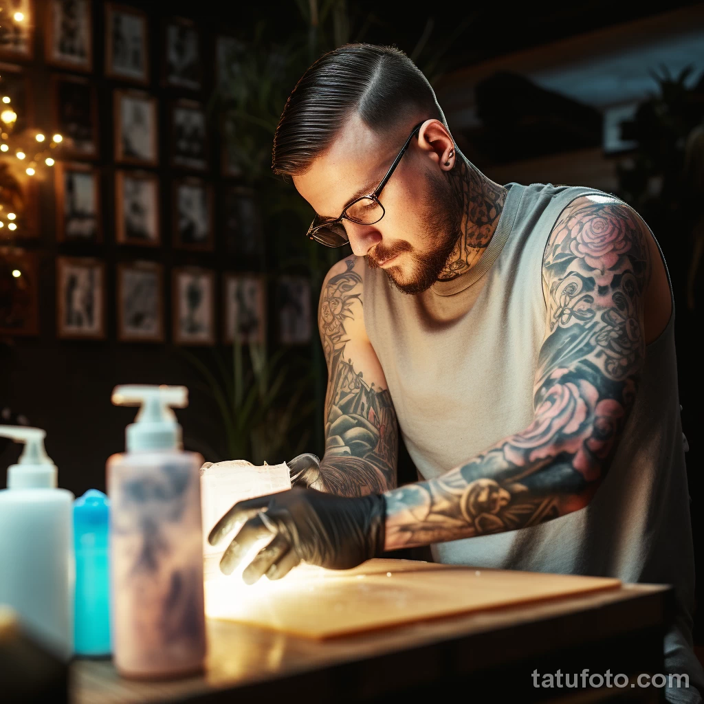 A person applying a soothing lotion to a tattooed ar fa fc b fcf 161223 tatufoto.com 024