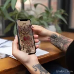 Фото тату: рука девушки с татуировками держит смартфон, на экране которого отображается эскиз татуировки с цветами. Акцент на деталях и ярких цветах.