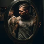 Фотография мужчины с татуировками, смотрящего в зеркало. На его теле видны детализированные татуировки в стиле олд скул и традишн.