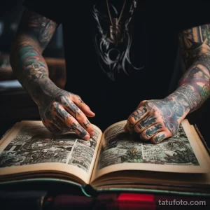 Фото тату: руки мастера, покрытые татуировками, рассматривают старинную книгу с эскизами татуировок. Акцент на деталях и текстуре бумаги.