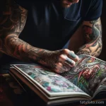 Фото тату: руки мастера с яркими татуировками рассматривают книгу с цветными эскизами татуировок. Акцент на деталях и насыщенных цветах.