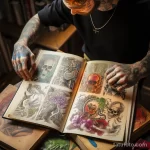 A person looking at various tattoo designs in a book cca d e b fca _1_2 161223 tatufoto.com 033
