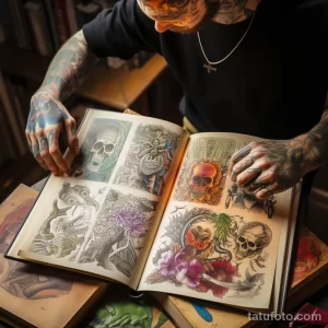 Фото тату: открытая книга с множеством эскизов татуировок, включая черепа, цветы и другие символы. Руки мастера с татуировками перелистывают страницы.