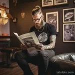 Фото мужчины с бородой, читающего газету и демонстрирующего татуировки на руках. Эскиз тату выполнен в детальном стиле и подчеркивает индивидуальность.