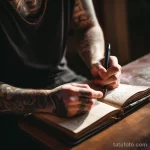 Фото тату: мастер тату с татуировками на руках пишет в блокноте, сосредоточенно работая над эскизом.