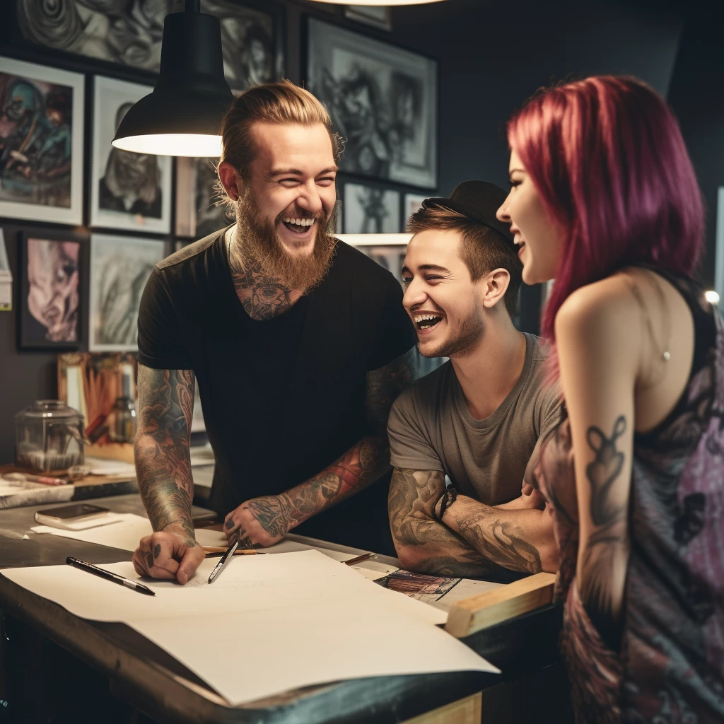 A scene in a tattoo studio where two friends are dis dbfdb eb a db ac _1_2 иллюстрация 031223 tatufoto.com