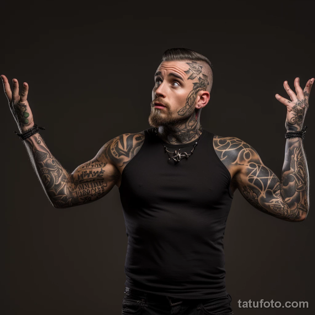 A tattooed individual pointing to a question on a FA effc df a ccccff 161223 tatufoto.com 072